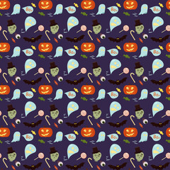 Seamless pattern. Halloween elements Ghost, pumpkins, candy, zombies on purple background
