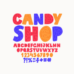 Candy shop - alphabet and numbers. Set of vector symbols. Lettering and Custom Typography for Designs: Logo, for Poster, Invitation, etc.