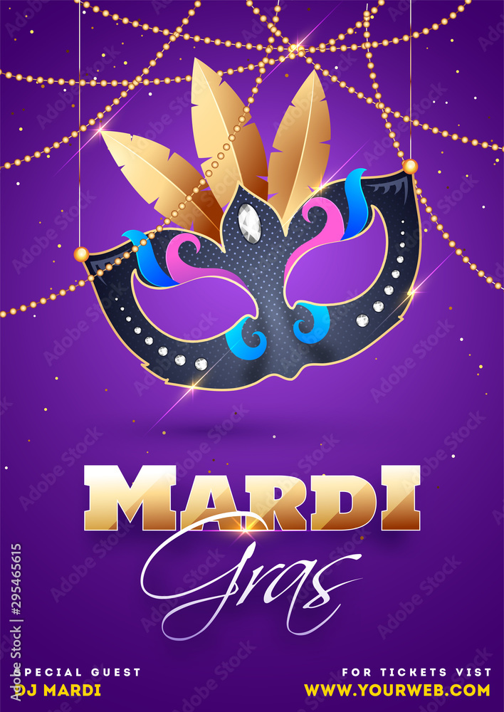 Sticker Illustration of hanging party masquerade on purple background for Mardi Gras party template design.