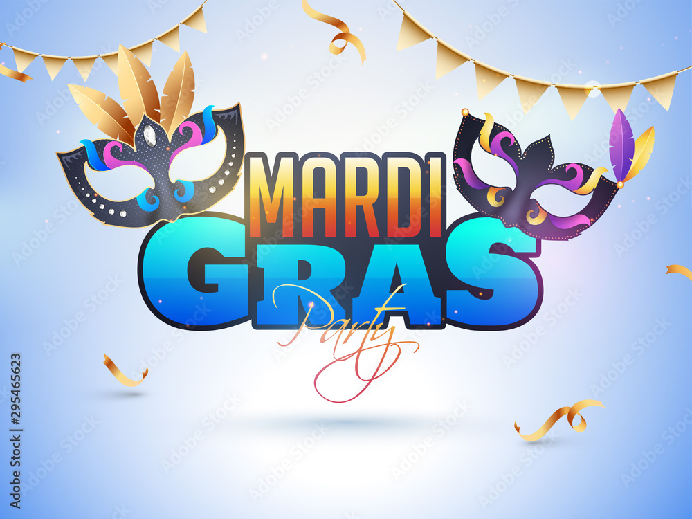 Poster Stylish lettering of Mardi Gras with party mask illustration on glossy blue background can be used as poster or banner design.