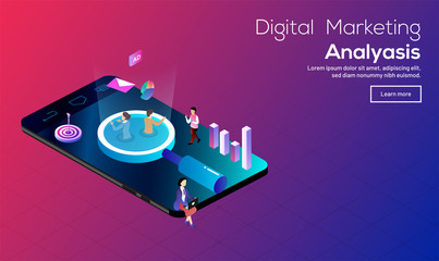 Digital Marketing Analysis concept based web banner design, People on smartphone with magnifying glass analysis data and infographic elements.