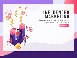 Miniature people as buyer and shopper holding megaphone and magnet attract potential buyers, isometric concept for Influencer Marketing.