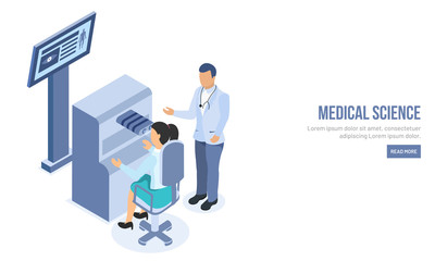 Responsive landing page design with isometric character of doctor doing eye checkup in ophthalmic room for Medical Science.