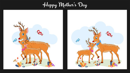 Happy Mother's Day Celebration concept greeting card design with illustration of cute animal deer with her baby fawn.