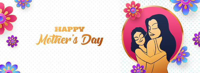 Website header or banner design decorated with paper cut flowers and illustration of daughter hugging to her mother on the occasion of Happy Mother's Day.