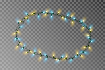 Christmas lights oval border vector, light string frame isolated on background with copy space. Transparent decorative garland. Xmas light roun border effect. Holiday decor. Vector illustration