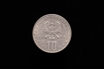 Polish People's Republic, Polska Rzeczpospolita Ludowa old 10 zlotych, 10zl coin from 1976, obverse. Isolated on black background