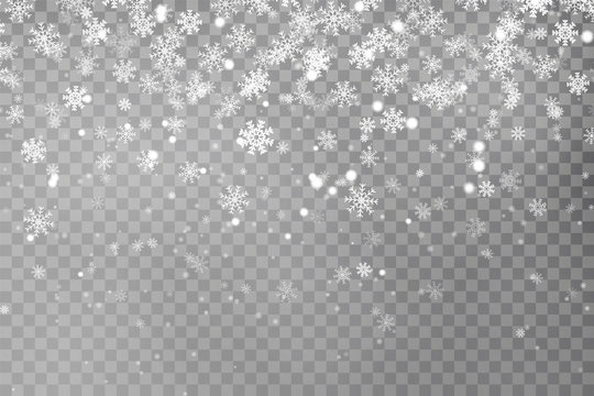 Christmas falling snow vector isolated on dark background. Snowflake transparent decoration effect. Xmas snow flake pattern. Magic white snowfall texture. Winter snowstorm backdrop illustration