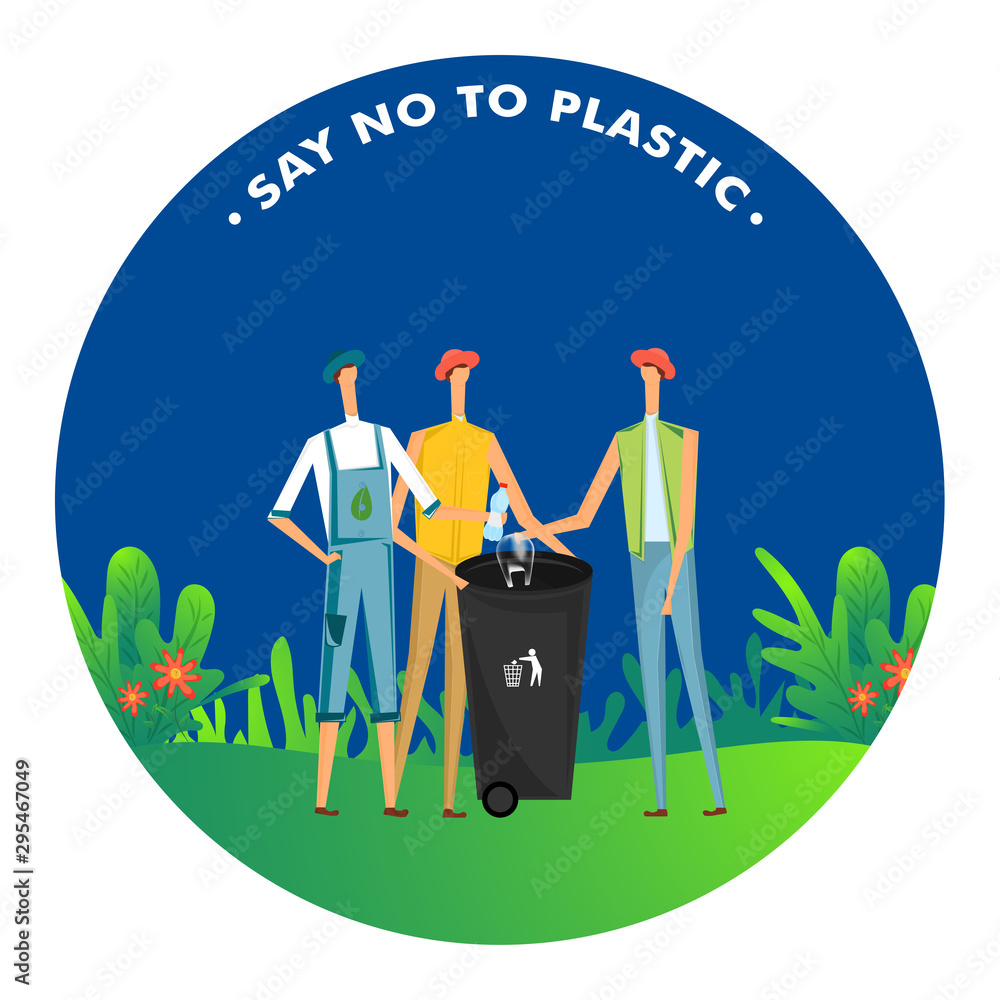 Sticker Say No To Plastic, Men throw plastic in dustbin for Pollution problem concept.