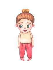 Watercolor character. Cute Girl 1 year old, hair bunched, with green eyes in a yellow T-shirt and red pants