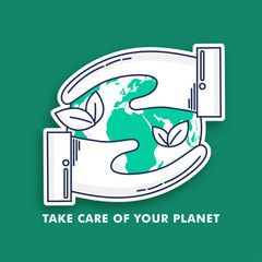 Sticker style human hands save the earth on green background for Take Care Of Your Planet.