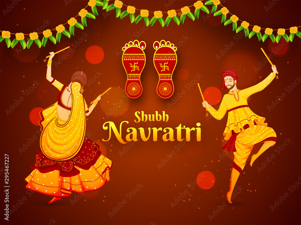 Poster vector illustration of man and woman dancing with dandiya stick, goddess laxmi footprint on shiny br