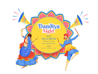 Creative Dandiya Night DJ party banner or poster design, illustration of couple dancing with dandiya stick on floral background, date, time and event detail.