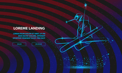 Skiing freestyle athlete in fly position with cross skis figure. Vector Sport Background for Landing Page Template.