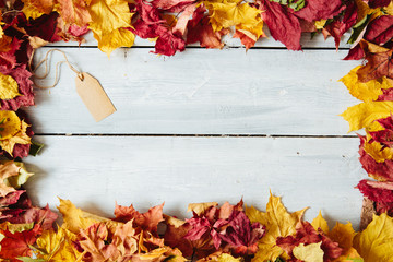 Tag in corner border of colorful leaves over a rustic wood background