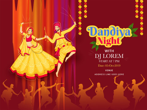 Vector illustration of couple dancing with dandiya stick on on brown background for Dandiya Night DJ party poster or banner design and date , time, venue detail.