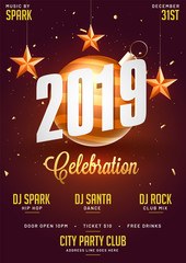 2019 template or flyer design decorated with baubles and stars for New Year party celebration.
