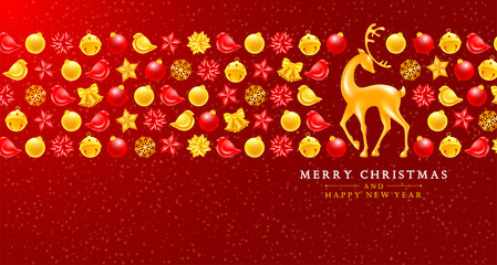 Christmas and New Year greeting luxury design with festive elements such as golden jingle bells, christmas balls, birds, voluminous and glossy figure of a deer, etc on red background. Vector.