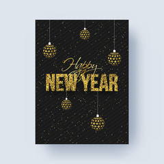 Glitter lettering of Happy New Year on black background decorated with baubles. Can be used as greeting card design.