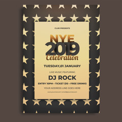 NYE (New Year Eve) invitation card or template design with date, time and venue details.