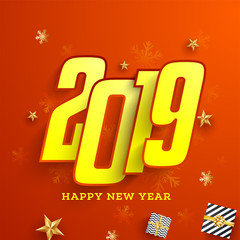 Paper text 2019 on star decorated glossy red background for New Year celebration concept.