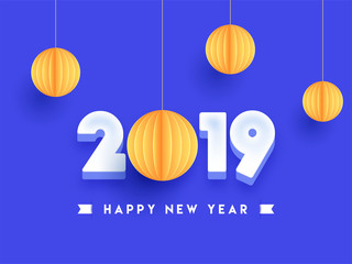 3D text 2019 on blue background decorated with paper lanterns. Can be used as greeting card design.