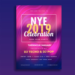 NYE (New Year Eve) 2019 Celebration template or flyer design with time, date and venue details.