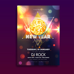 New Year template or flyer design with glowing disco ball, time, date and venue details on bokeh background.