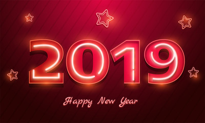 Neon text 2019 on glossy background decorated with stars for Happy New Year celebration.