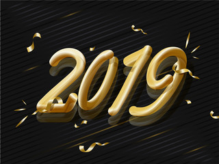 Creative text 2019 in golden color with confetti on shiny black background. Can be used as greeting card design.
