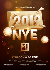 Glossy 3D text 2019 with baubles on brown bokeh background, New Year celebration template or flyer design with time, date and venue details.