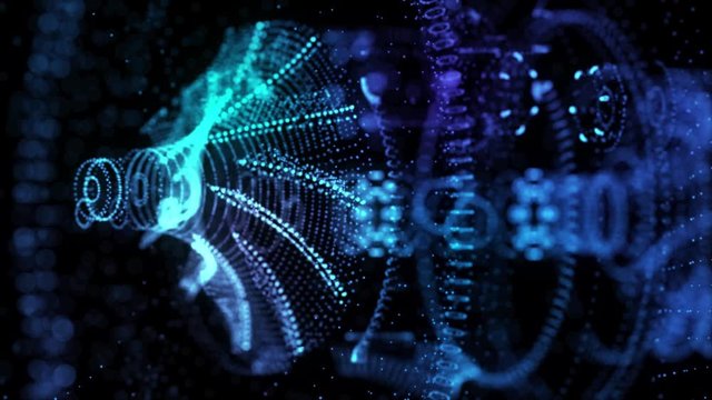 Turbocharger formation from abstract polygonal line. Low poly turbine in motion, lines and connected to form. Digital technology visualization of 3d.