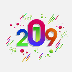 Colorful stylish text 2019 with abstract elements on white background. Can be used as greeting card design.