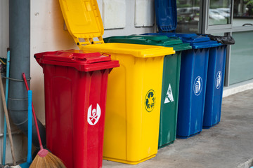 Garbage Trash Bins for collecting a recycle materials. Garbage trash bins for waste segregation. Separate waste collection food waste, plastic, paper and danger waste. Recycling. Environment.