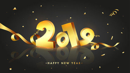 3D golden text 2019 with shiny wavy ribbon on black background for Happy New Year celebration greeting card design.