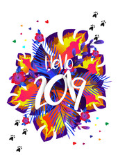 Hello 2019 text on colorful tropical leaves decorated white background for New Year celebration greeting card design.