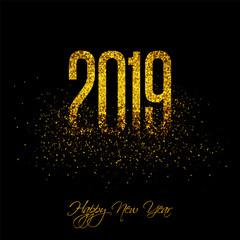 Golden sparkle text 2019 on black background. Can be used as New Year greeting card design.