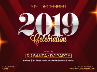 31 December 2019 celebration party template or poster design with text 2019 on glossy brown background.