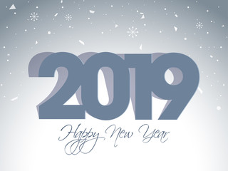 Paper cut style text 2019 in gray color on glossy confetti background can be used as Happy New Year greeting card design.