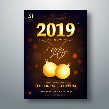 2019 Happy New Year party celebration template or flyer design with time and venue details.