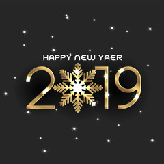 Shiny golden text 2019 with snowflake on black background with lighting effect. Greeting card design for New Year celebration.