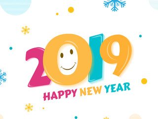 Flat style colorful tect 2019 with smiley on abstract white background. Happy New Year template or greeting card design.