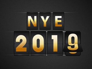 Flip countdown calendar design with text 2019 NYE (New Year Eve) on glossy black background for New Year celebration.