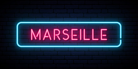 Fototapeta premium Marseille neon sign. Bright light signboard. Vector banner.