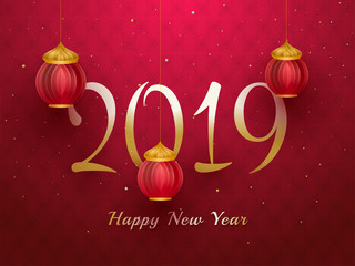 Happy New Year celebration poster or template design with 2019 lettering with paper lanterns hang on red seamless background.