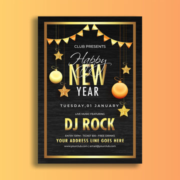 Happy New year invitation card decorated with stars, baubles and party flag. Template design with date and venue details.