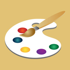 3D colour palette with drawing brush on brown background.