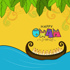 Creative, colorful, doodle text Onam with illustration of snake boat racing (Vallamkali) for South Indian festival celebration.