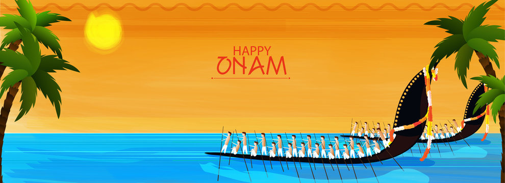 Illustration of people participating in traditional Snake boat racing (Vallamkali) on tropical sea landscape background. Header or banner design for Happy Onam celebration.