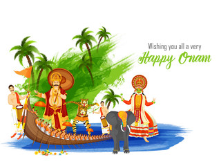 Wishing you all a very festival message card  or poster design with illustration showing culture and tradition of Kerala for Happy Onam celebration.